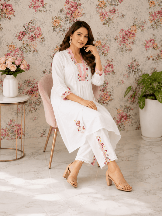 Ivory Bloom Embroidered Co-ord Set - Achyutara