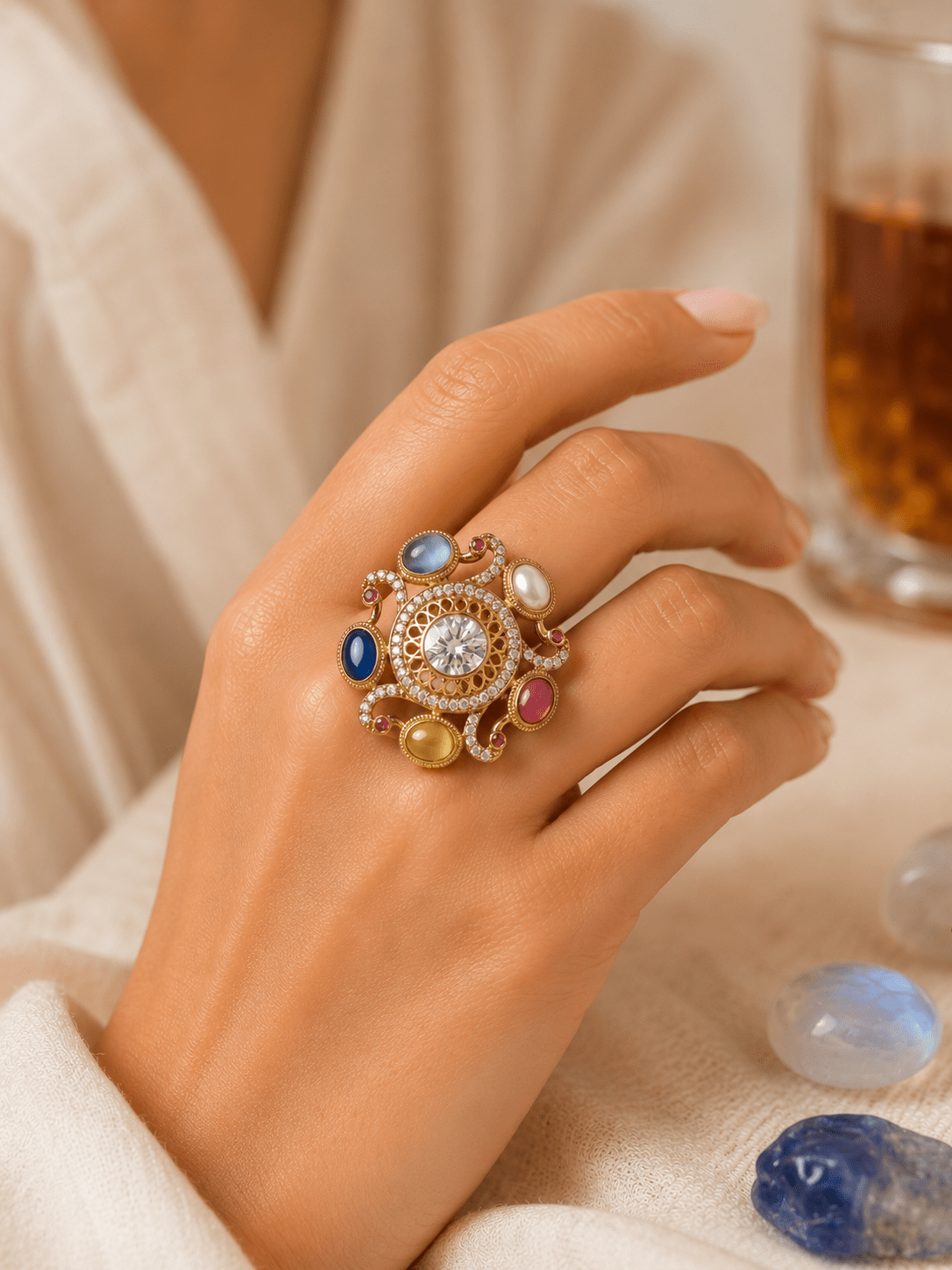 Luxury Navratna Style Statement Ring for Women - Achyutara