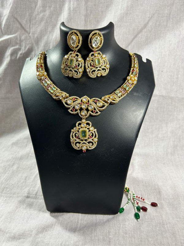 Mehandi Plated Polki Kundan Necklace Set with Glass Stones - Achyutara