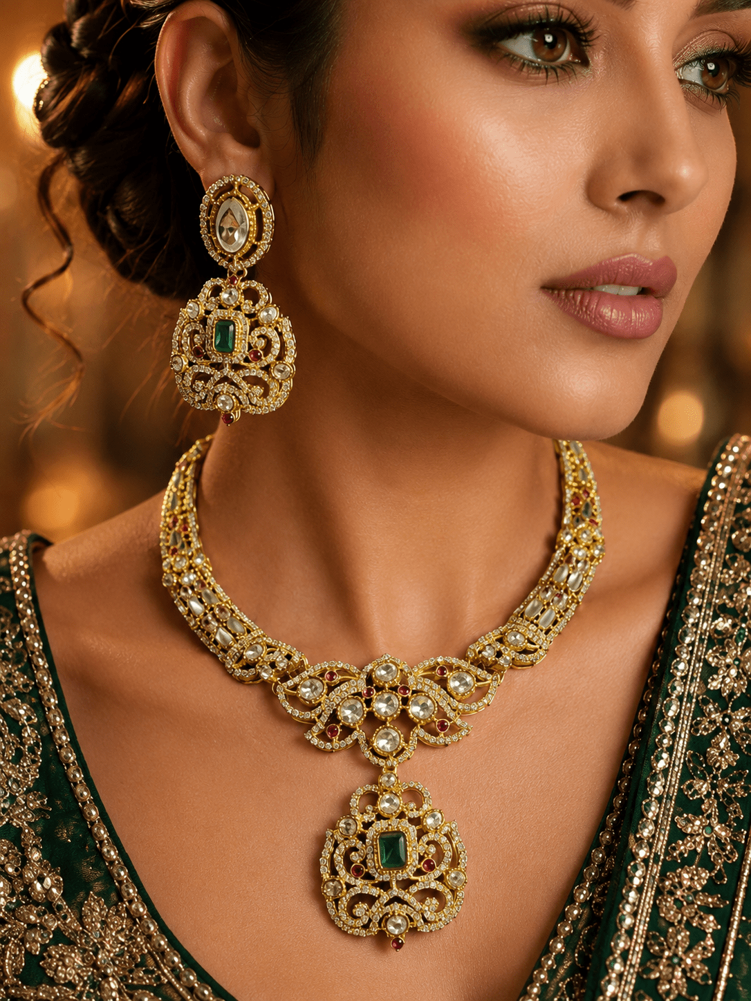 Mehandi Plated Polki Kundan Necklace Set with Glass Stones - Achyutara