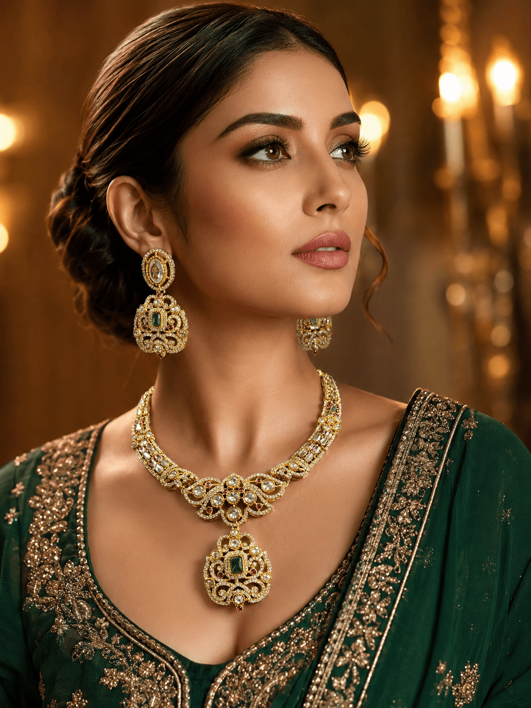 Mehandi Plated Polki Kundan Necklace Set with Glass Stones - Achyutara