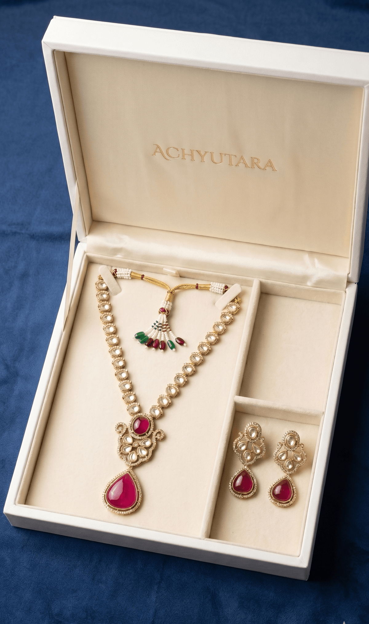 Mehandi Plated Polki Kundan Necklace Set with Ruby Red Dublet Stone Pendant & Earrings - Achyutara