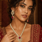 Mehandi Plated Polki Kundan Necklace Set with Ruby Red Dublet Stone Pendant & Earrings - Achyutara