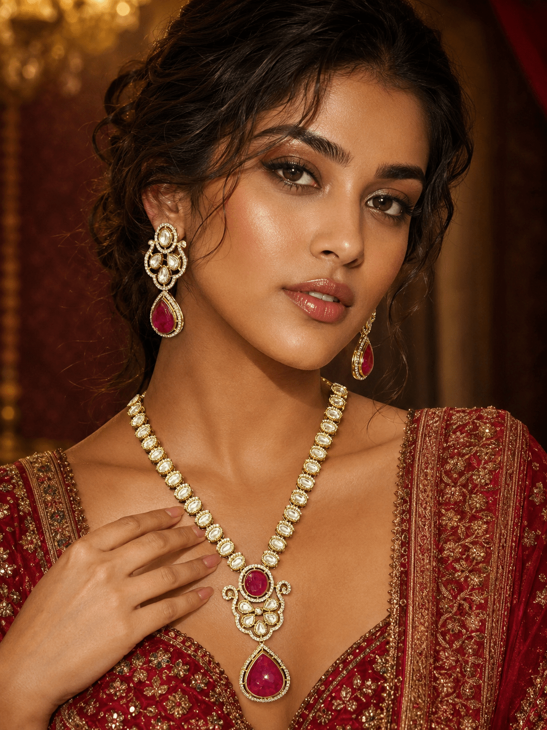 Mehandi Plated Polki Kundan Necklace Set with Ruby Red Dublet Stone Pendant & Earrings - Achyutara