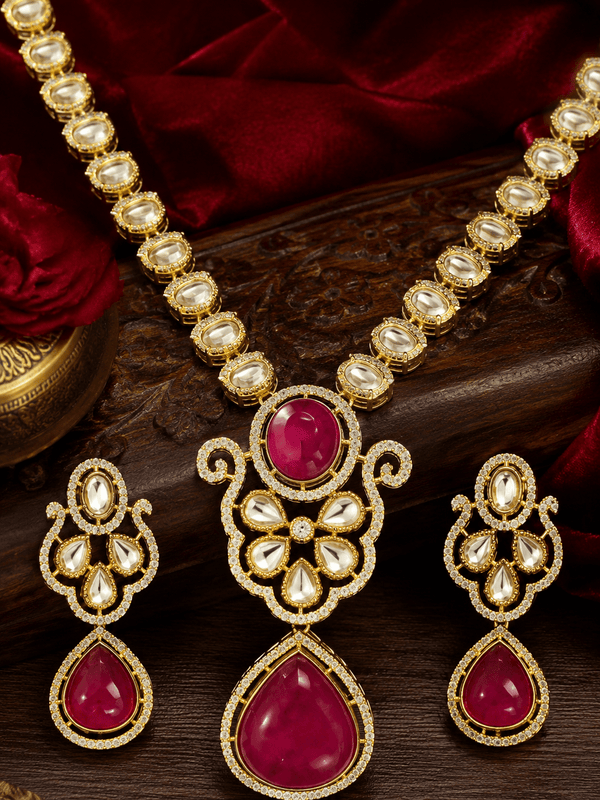 Mehandi Plated Polki Kundan Necklace Set with Ruby Red Dublet Stone Pendant & Earrings - Achyutara