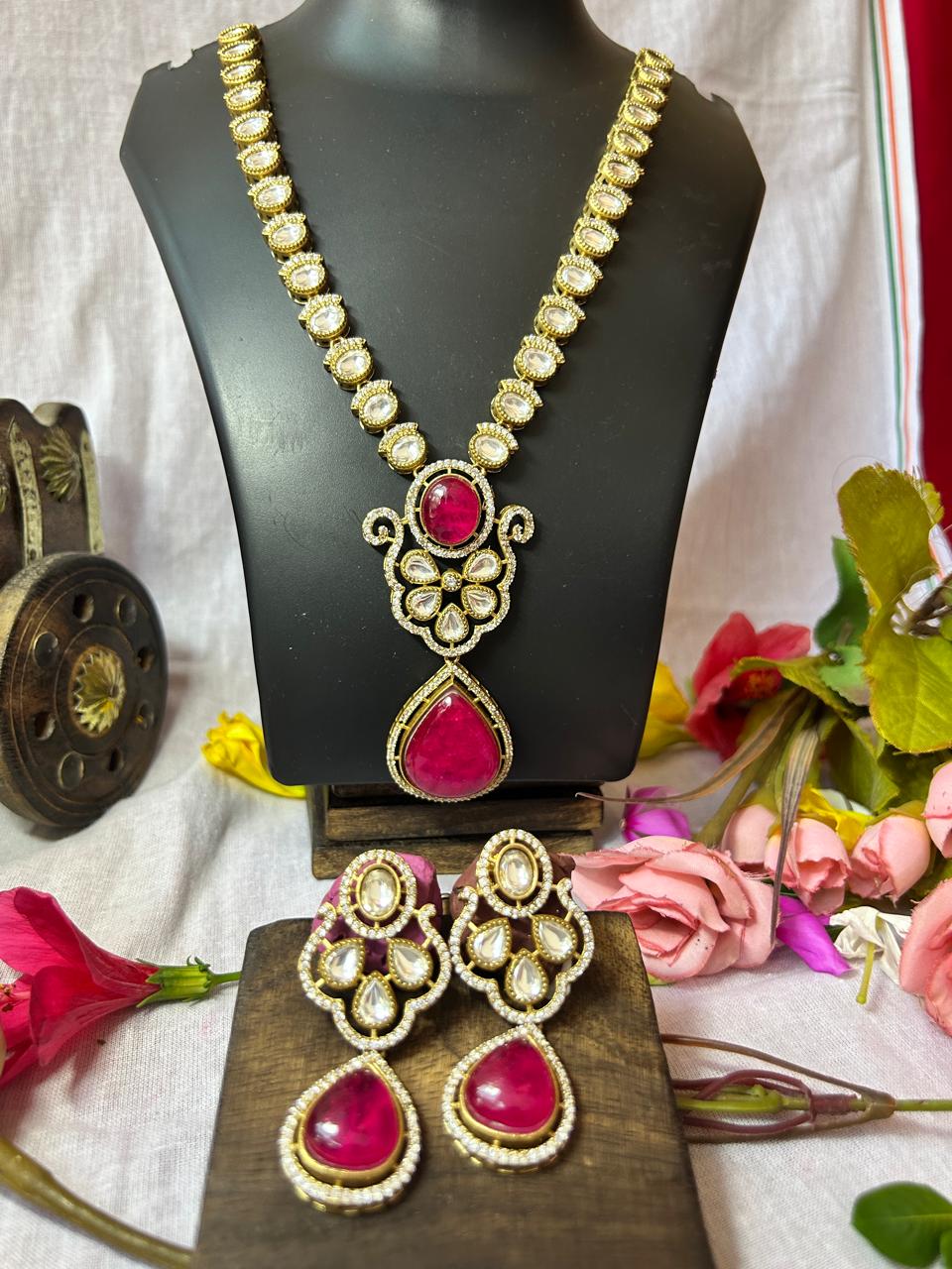 Mehandi Plated Polki Kundan Necklace Set with Ruby Red Dublet Stone Pendant & Earrings - Achyutara