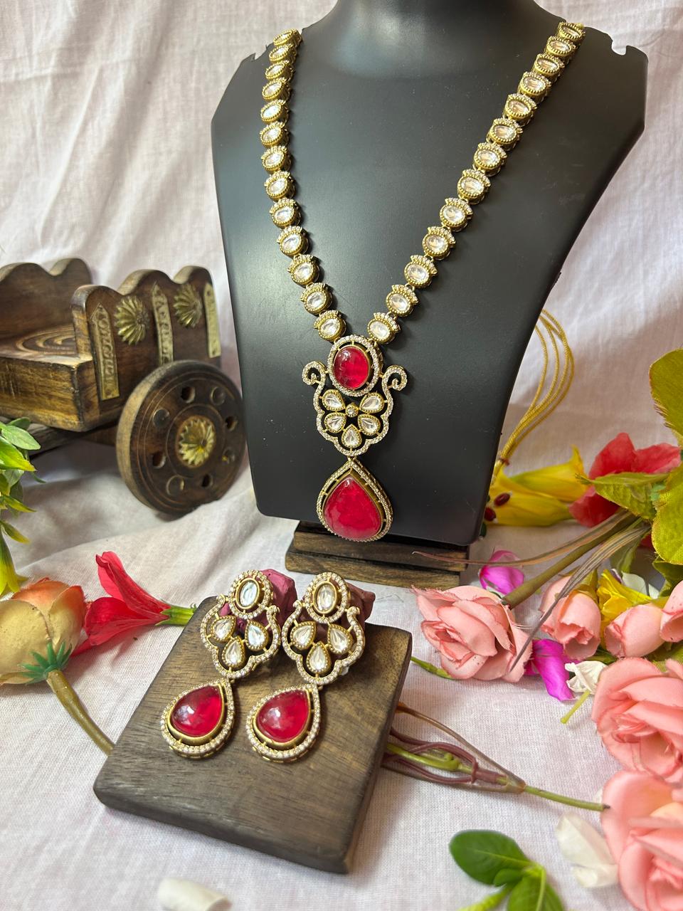 Mehandi Plated Polki Kundan Necklace Set with Ruby Red Dublet Stone Pendant & Earrings - Achyutara