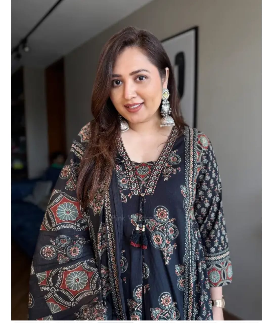 Midnight Black Printed Anarkali Suit Set with Dupatta - Achyutara