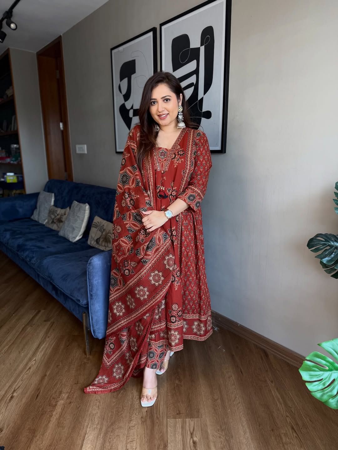 Midnight Black Printed Anarkali Suit Set with Dupatta - Achyutara