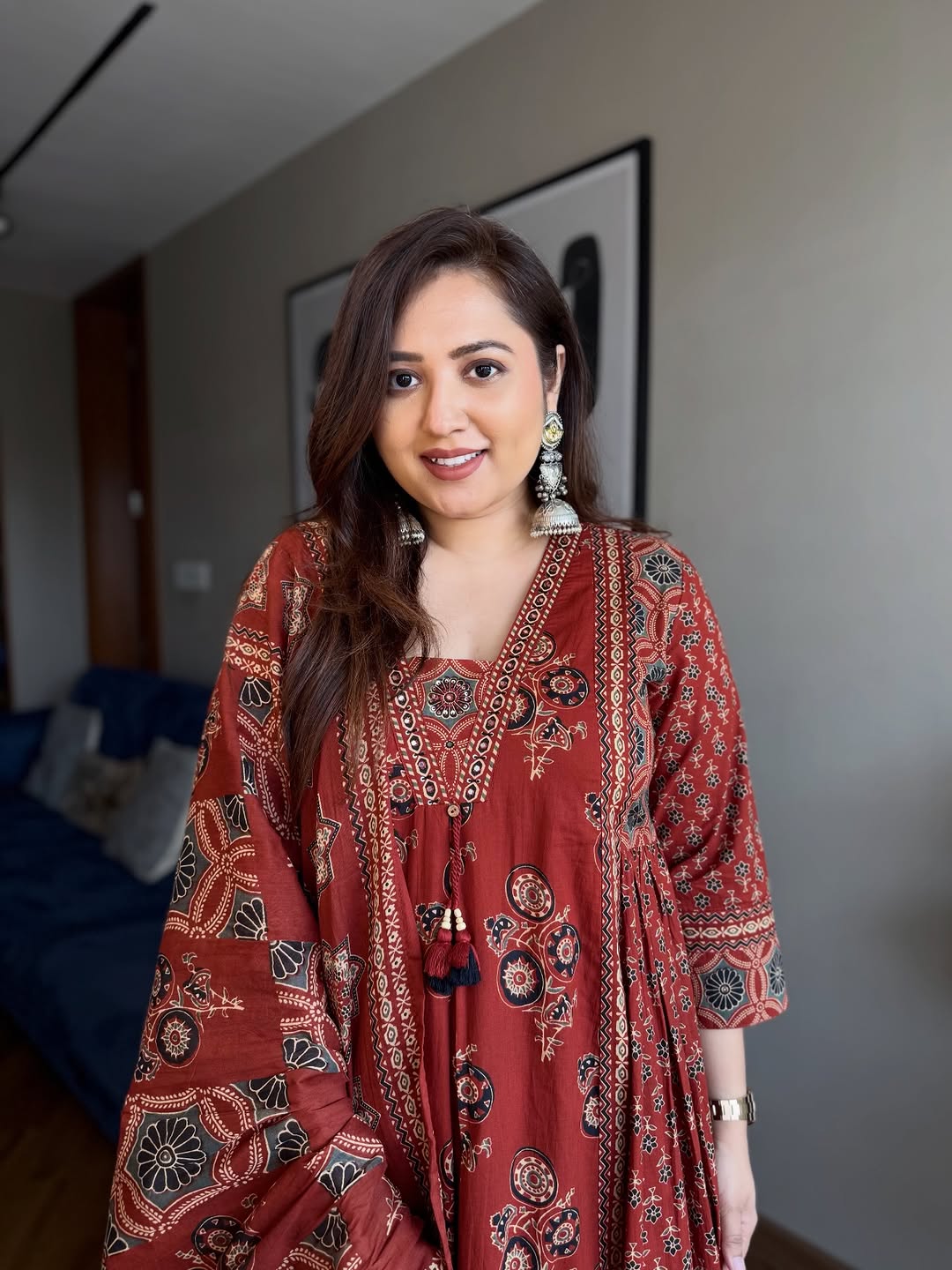 Midnight Black Printed Anarkali Suit Set with Dupatta - Achyutara
