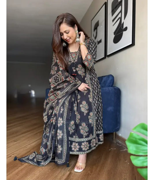 Midnight Black Printed Anarkali Suit Set with Dupatta - Achyutara