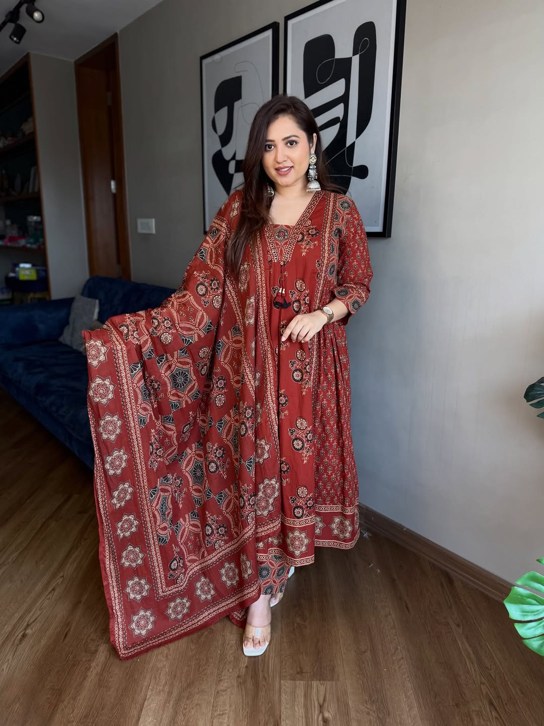 Midnight Black Printed Anarkali Suit Set with Dupatta - Achyutara