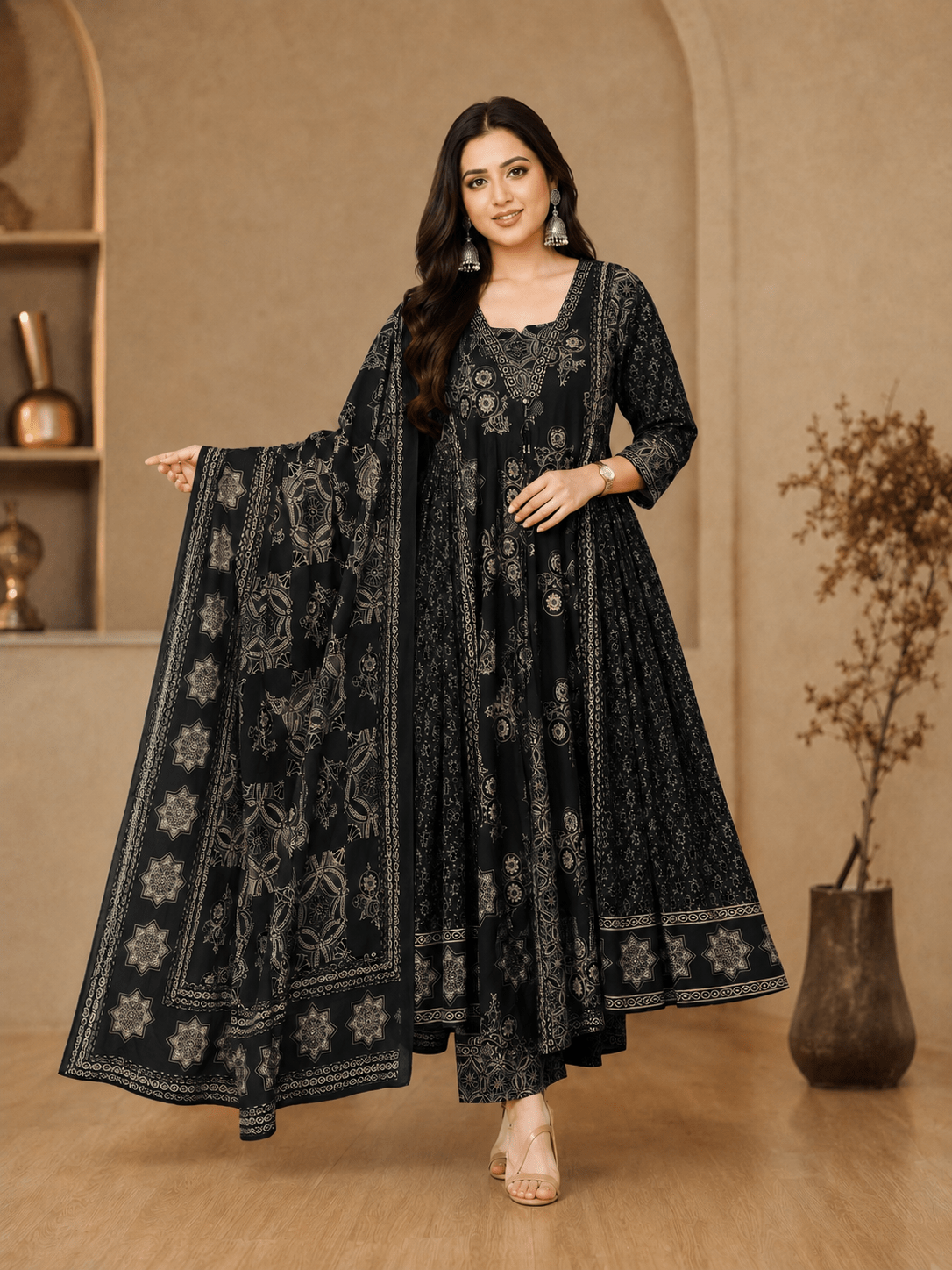 Midnight Black Printed Anarkali Suit Set with Dupatta - Achyutara