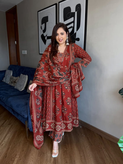 Midnight Black Printed Anarkali Suit Set with Dupatta - Achyutara