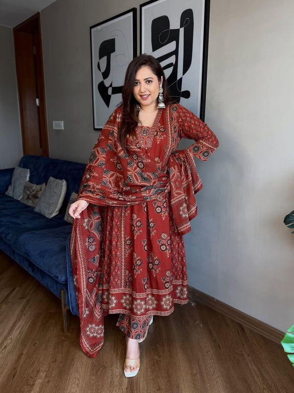 Midnight Black Printed Anarkali Suit Set with Dupatta - Achyutara