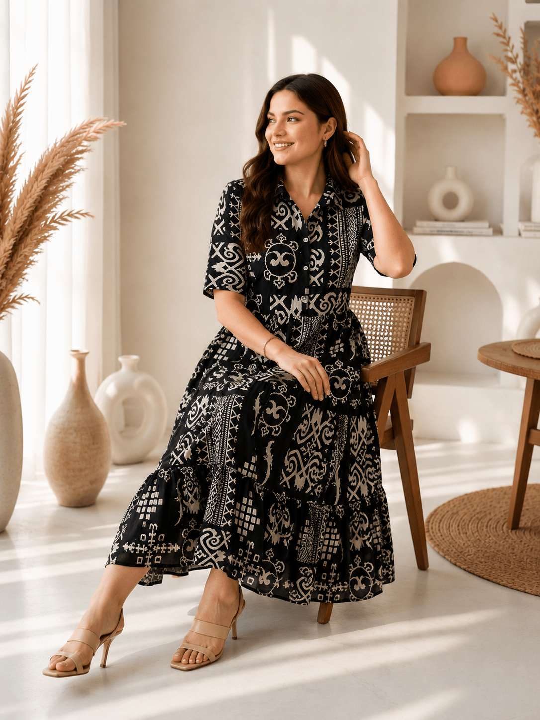 Midnight Monochrome Printed Maxi Dress - Achyutara