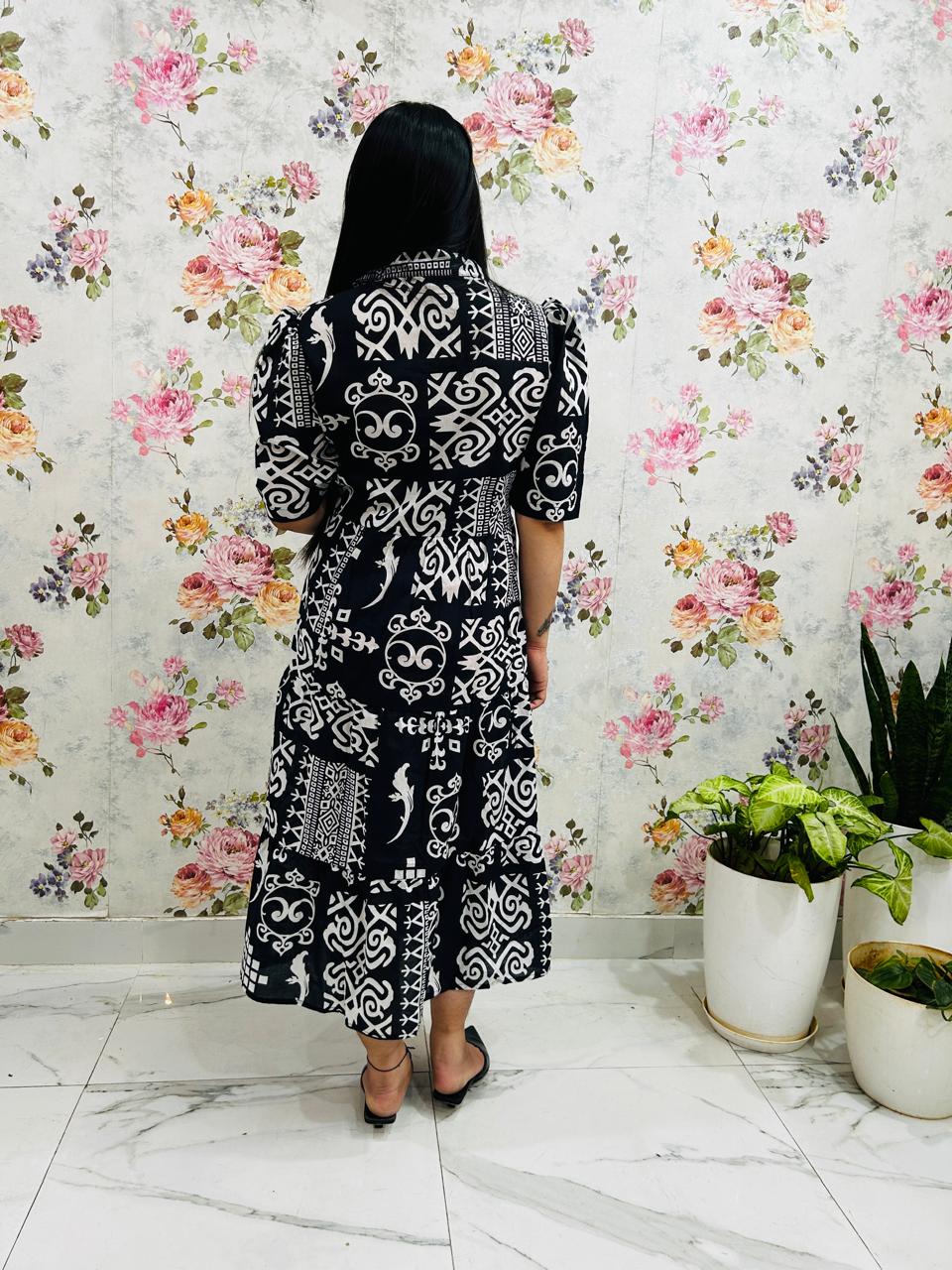Midnight Monochrome Printed Maxi Dress - Achyutara