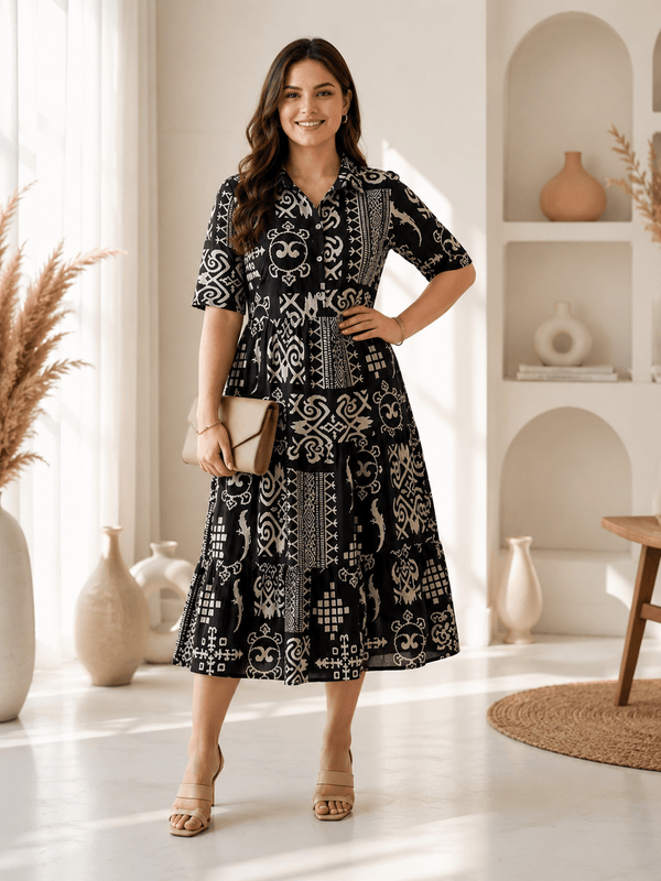 Midnight Monochrome Printed Maxi Dress - Achyutara