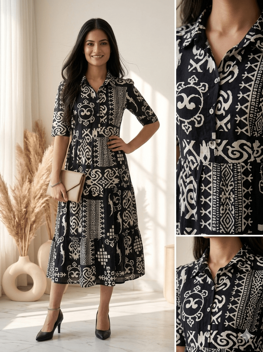 Midnight Monochrome Printed Maxi Dress - Achyutara