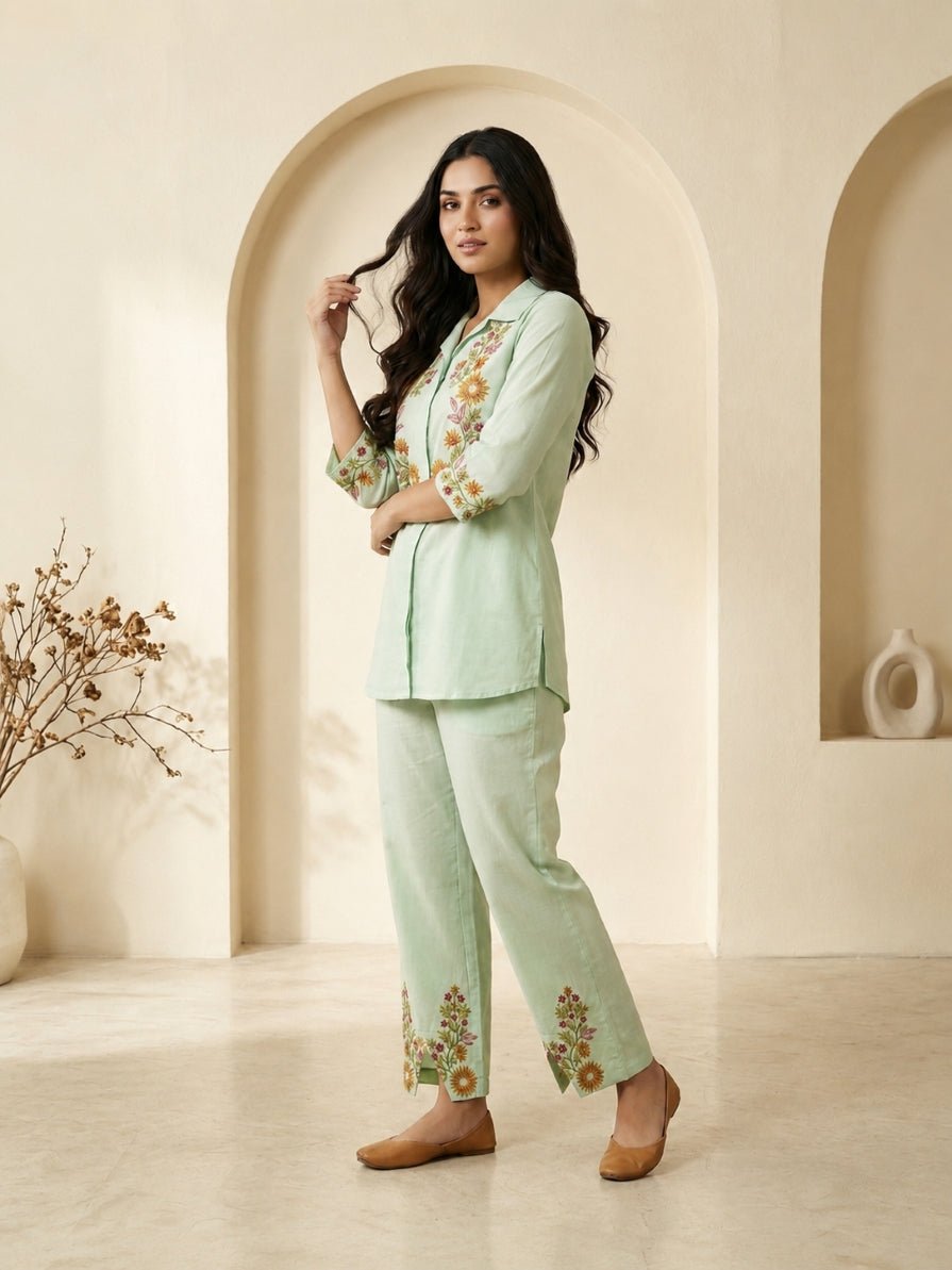 Mint Bloom Embroidered Co-ord Set - Achyutara