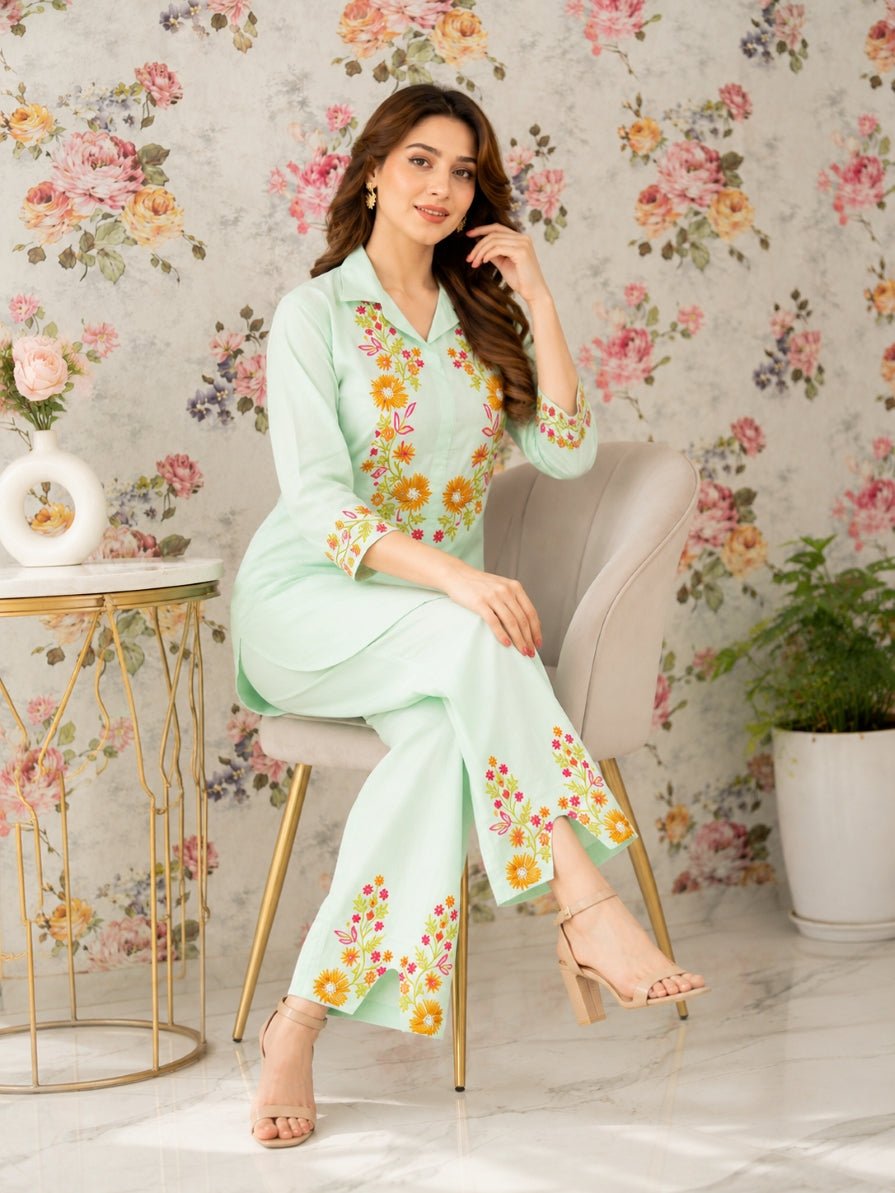 Mint Bloom Embroidered Co-ord Set - Achyutara