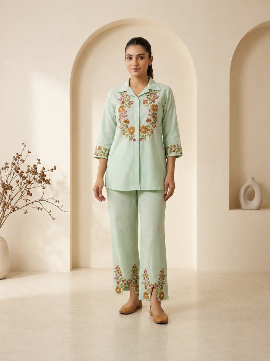 Mint Bloom Embroidered Co-ord Set - Achyutara