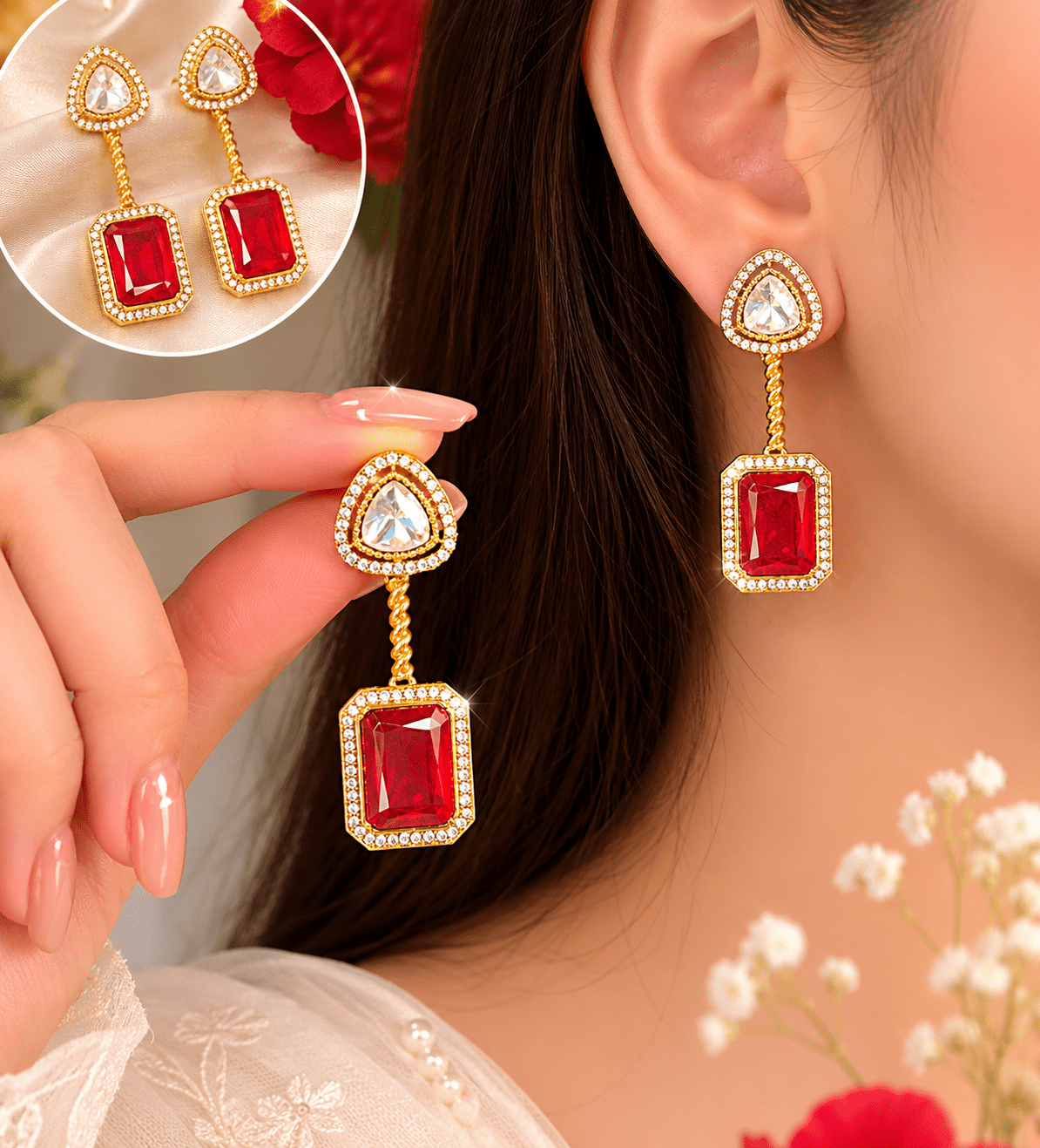 Moissanite Polki Doublet Stone Drop Earrings - Achyutara