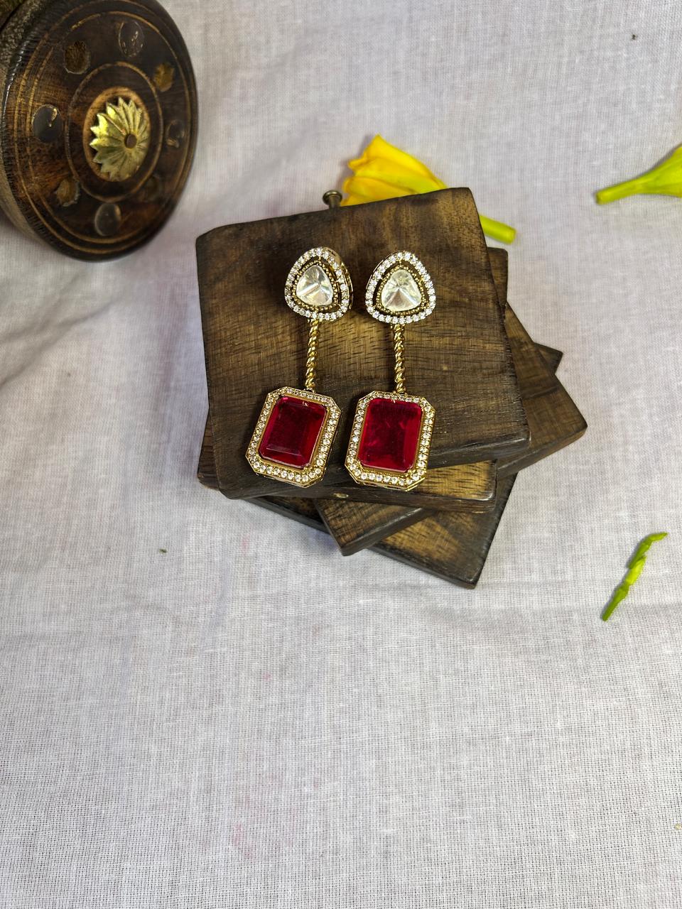 Moissanite Polki Doublet Stone Drop Earrings - Achyutara