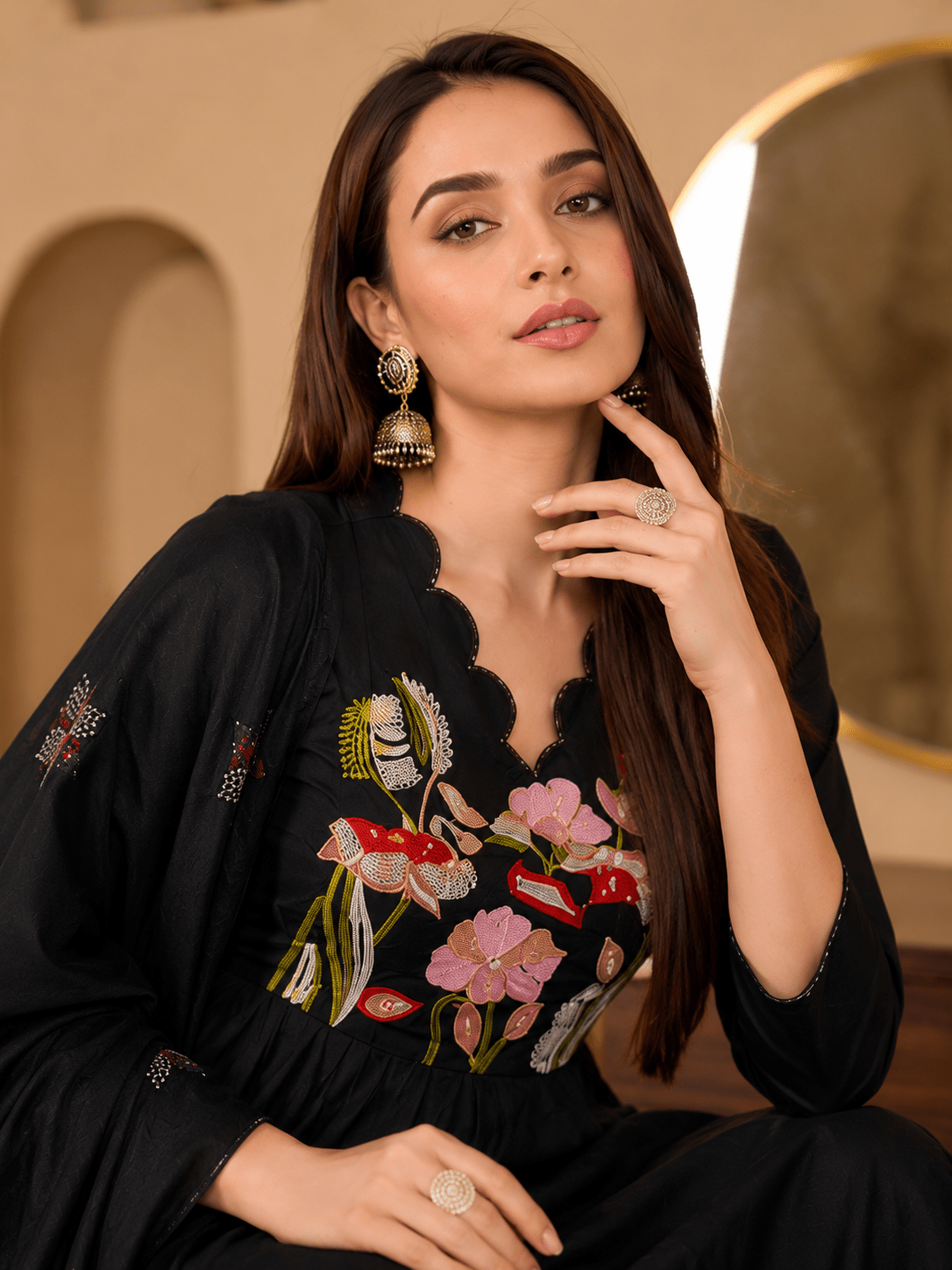 Noir Bloom Embroidered Anarkali Kurta Set - Achyutara
