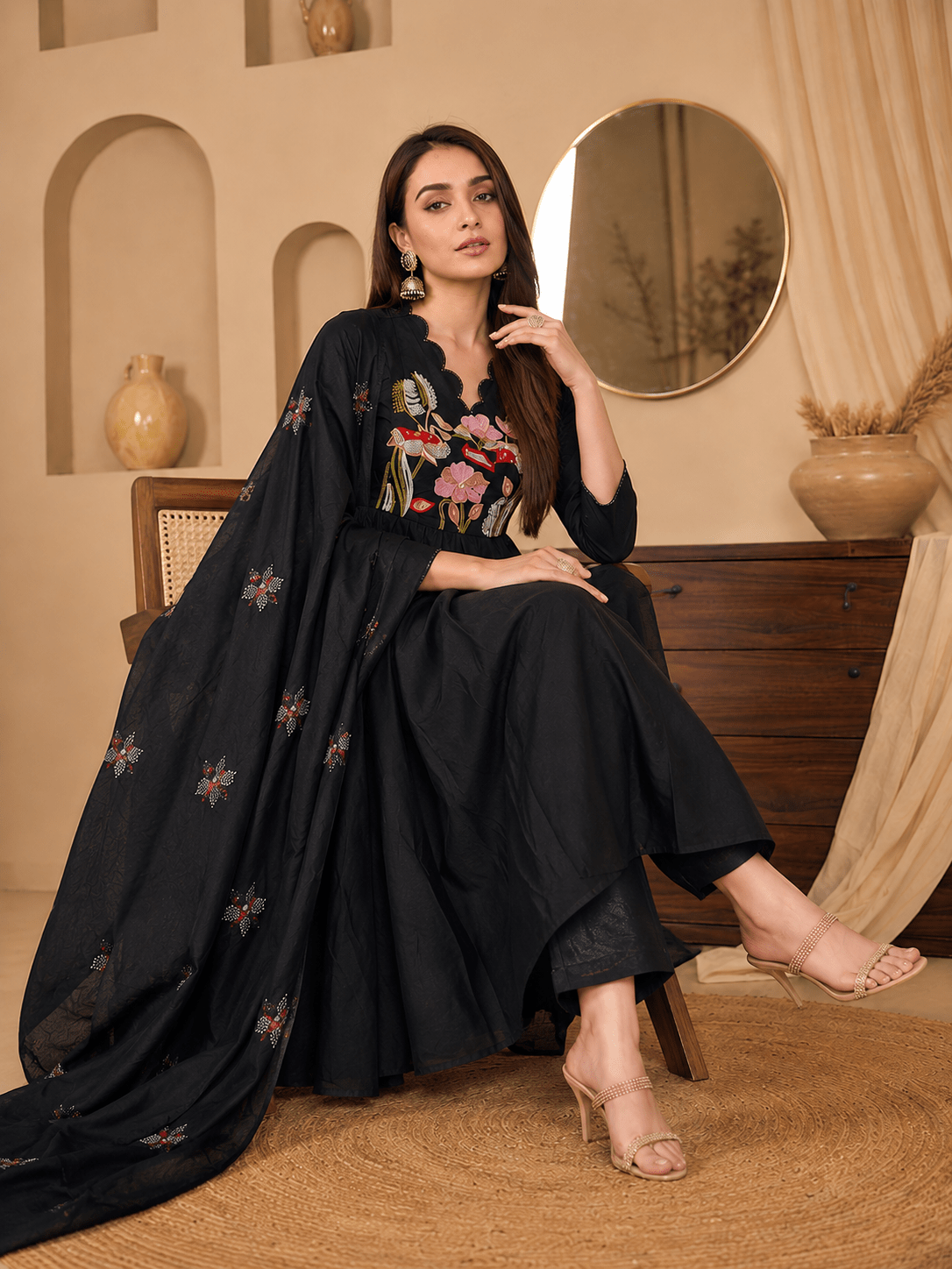 Noir Bloom Embroidered Anarkali Kurta Set - Achyutara