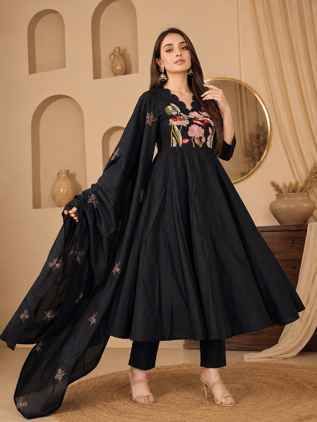 Noir Bloom Embroidered Anarkali Kurta Set - Achyutara