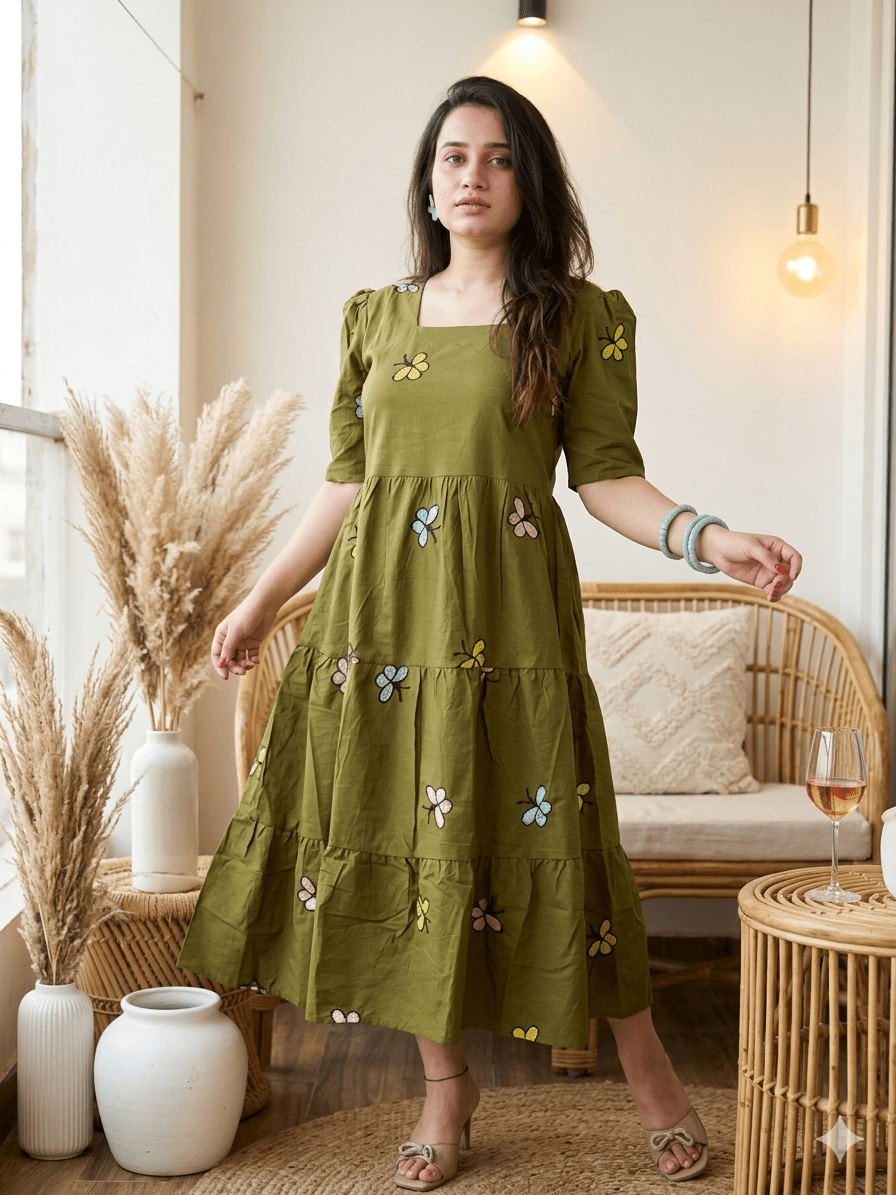 Olive Bloom Butterfly Embroidered Tiered Dress - Achyutara