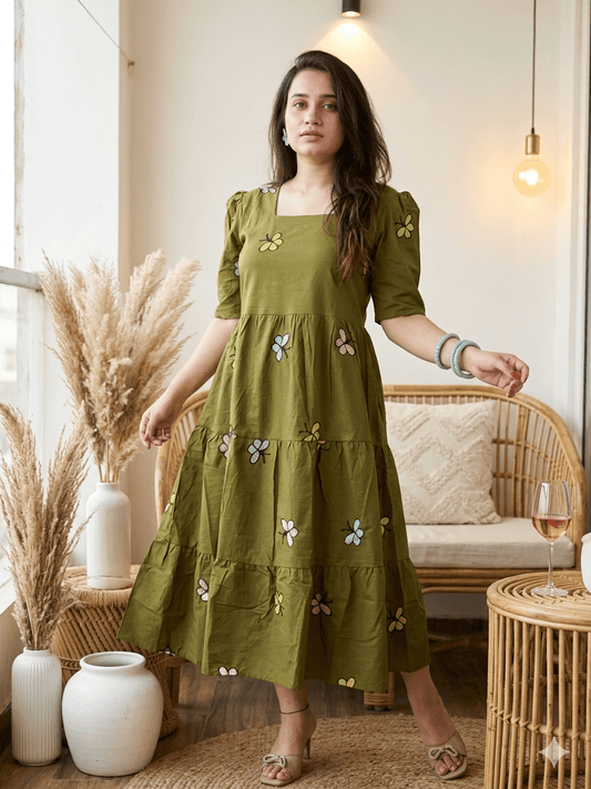 Olive Bloom Butterfly Embroidered Tiered Dress - Achyutara