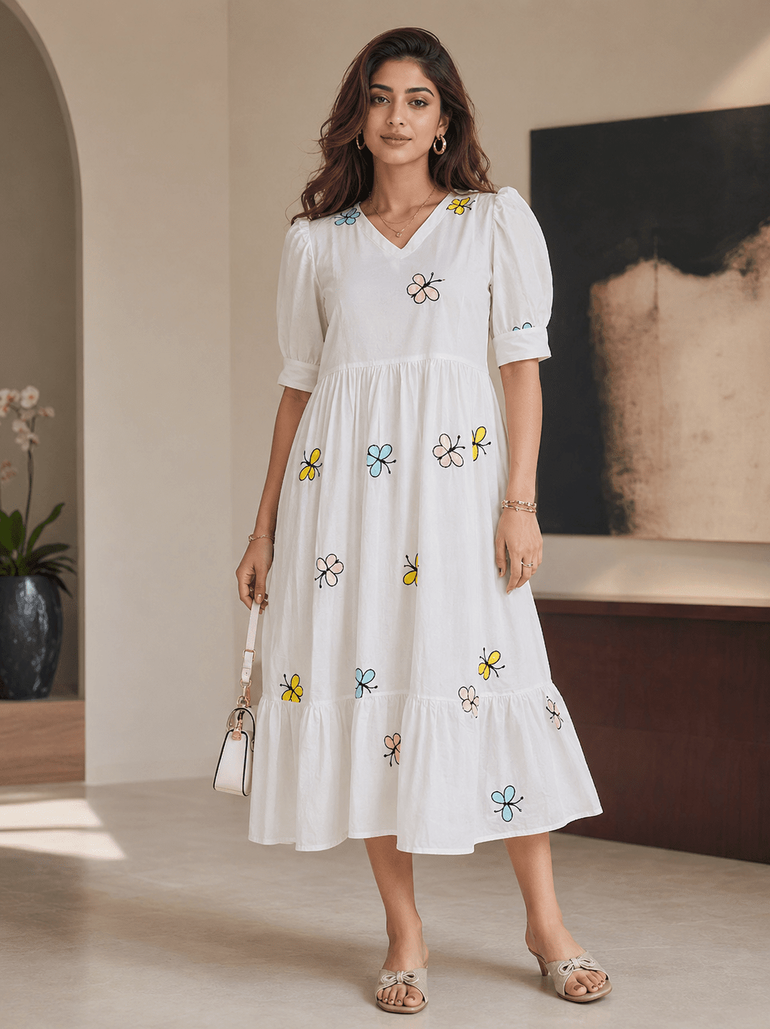 Olive Bloom Butterfly Embroidered Tiered Dress