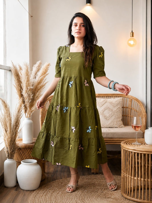 Olive Bloom Butterfly Embroidered Tiered Dress - Achyutara