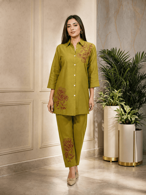 Olive Bloom Embroidered Co-ord Set - Achyutara