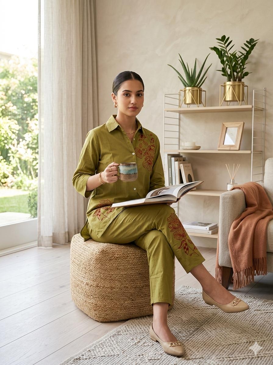 Olive Bloom Embroidered Co-ord Set - Achyutara