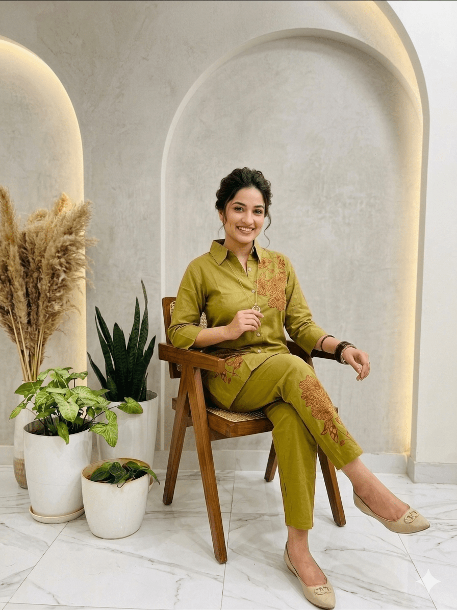 Olive Bloom Embroidered Co-ord Set - Achyutara