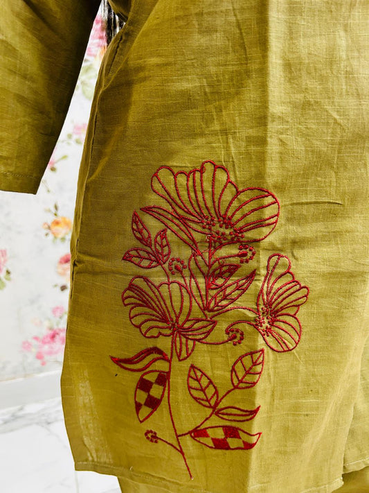 Olive Bloom Embroidered Co-ord Set - Achyutara