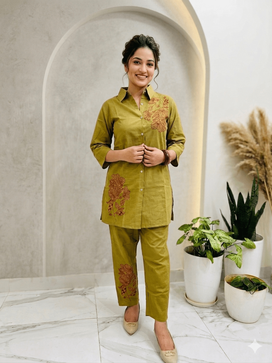Olive Bloom Embroidered Co-ord Set - Achyutara