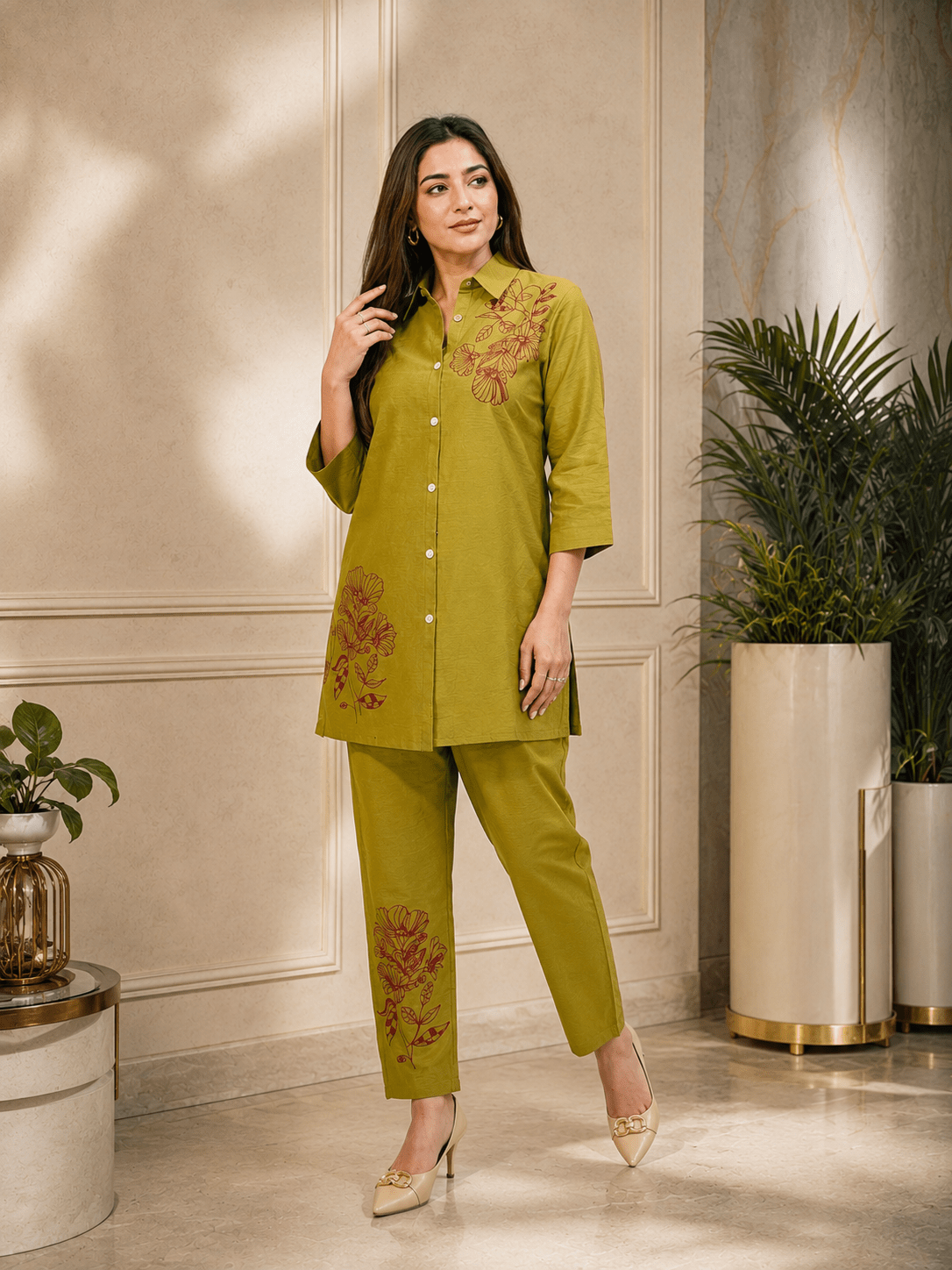 Olive Bloom Embroidered Co-ord Set - Achyutara