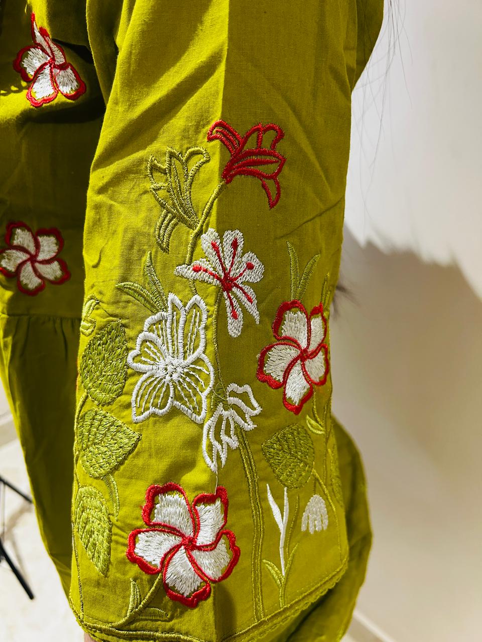 Olive Green Floral Embroidered 3-Piece Ethnic Suit Set - Achyutara
