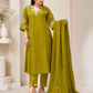 Olive Green Floral Embroidered 3-Piece Ethnic Suit Set - Achyutara