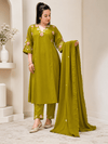 Olive Green Floral Embroidered 3-Piece Ethnic Suit Set - Achyutara