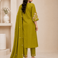 Olive Green Floral Embroidered 3-Piece Ethnic Suit Set - Achyutara