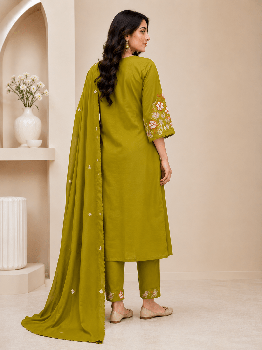 Olive Green Floral Embroidered 3-Piece Ethnic Suit Set - Achyutara