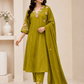 Olive Green Floral Embroidered 3-Piece Ethnic Suit Set - Achyutara