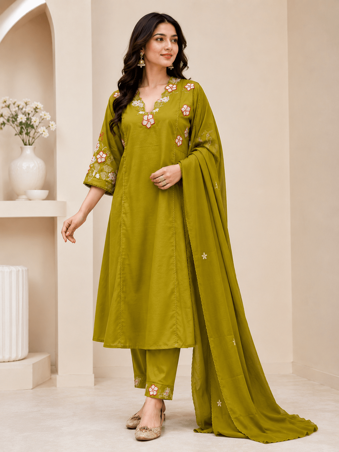 Olive Green Floral Embroidered 3-Piece Ethnic Suit Set - Achyutara