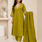 Olive Green Floral Embroidered 3-Piece Ethnic Suit Set - Achyutara
