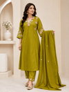 Olive Green Floral Embroidered 3-Piece Ethnic Suit Set - Achyutara